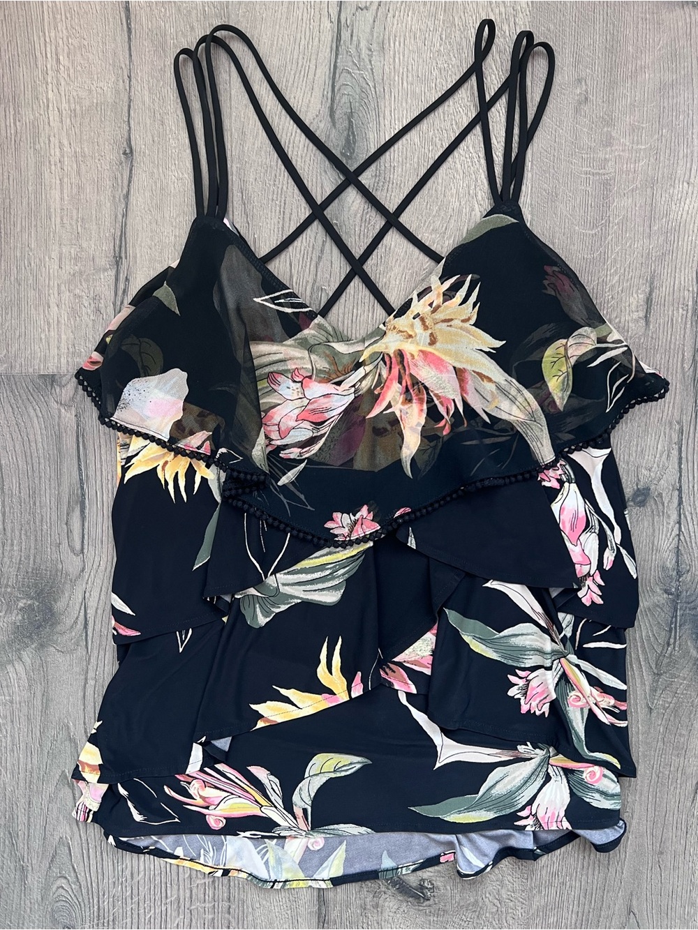 White House Black Market Black Floral Ruffle Crisscross Tank - medium